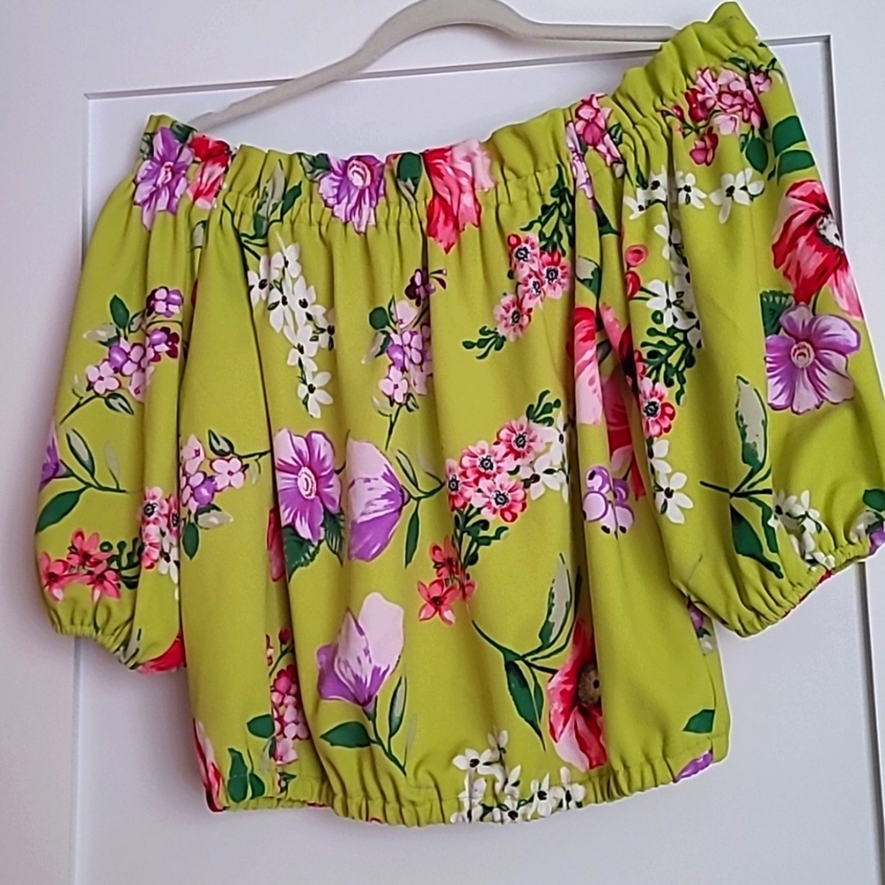 New York & Company Floral Off Shoulder Smocked Puff Sleeve Blouse Green Pink